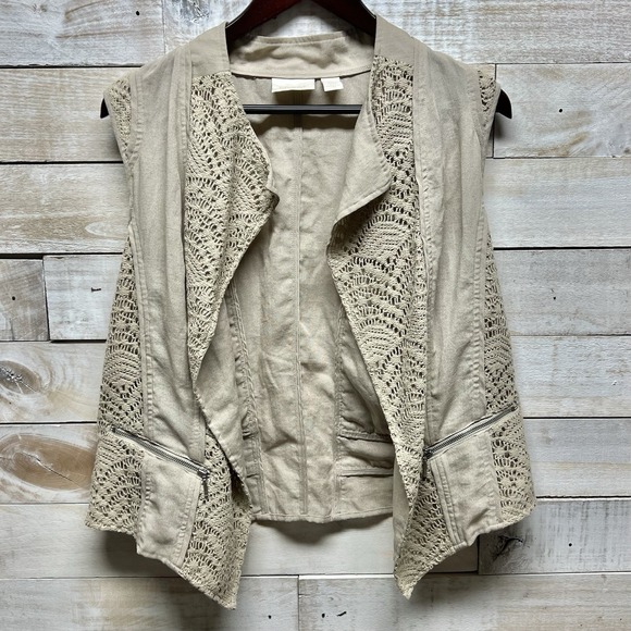 Chico's Jackets & Blazers - Chicos Vest Womens 2 US Large Beige Crochet Sleeveless Open Front‎ Asymetrical